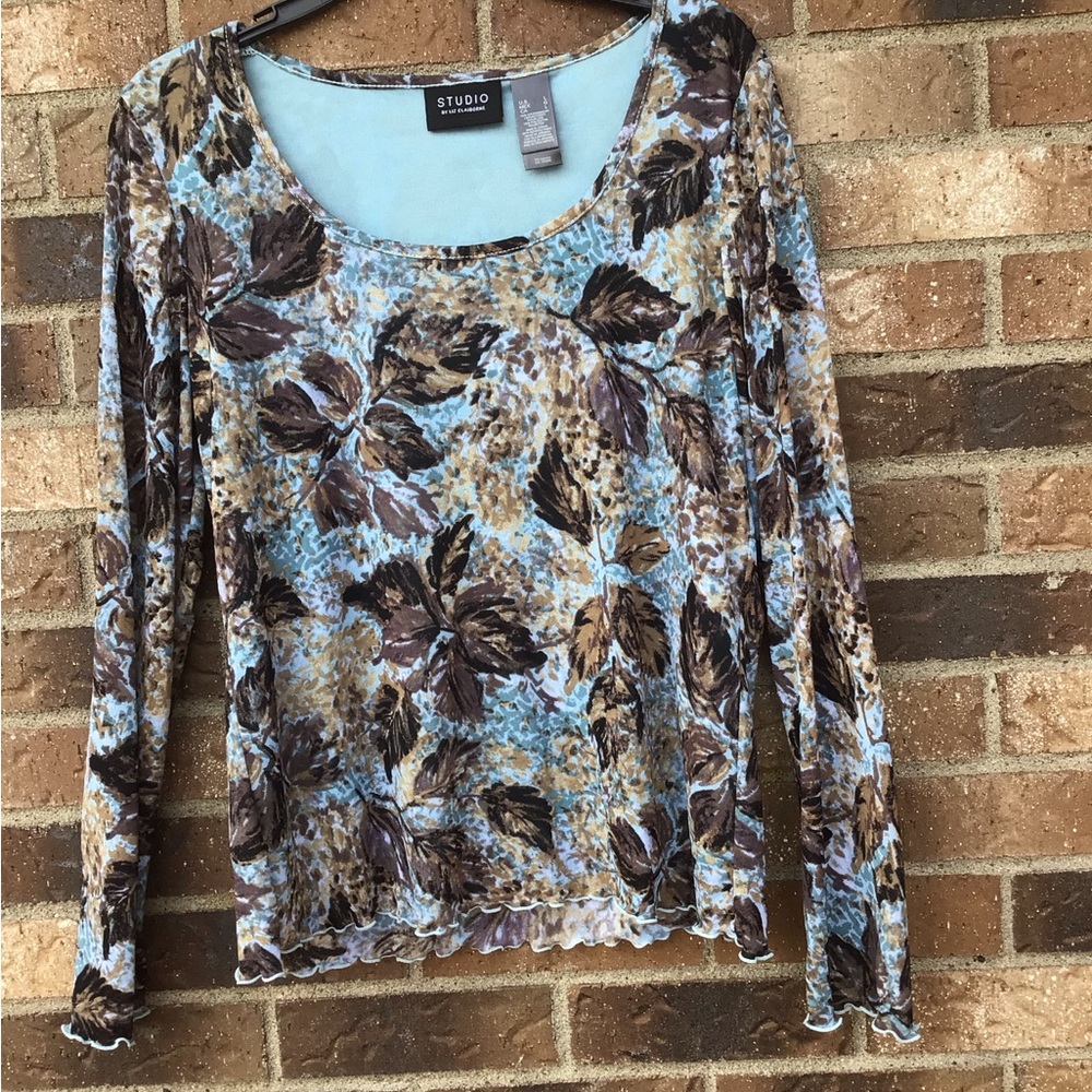 Studio Women's Blue and Brown Leaf Print Top